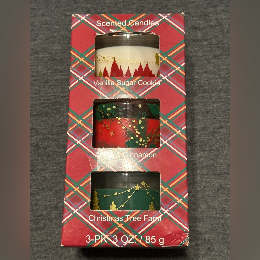 Festive Scented Candle Set-White Vanilla, Red Apple/Cinnamon, Green Xmas Scents